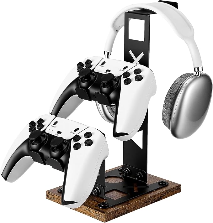Headset Stand Gaming Controller Holder,Game Controller Stand Headphone Stand with Wood Base, Gaming Equipment Accessories for Desk Dual Organizer Rack Headset Holder for Son, Husband, Boyfriend