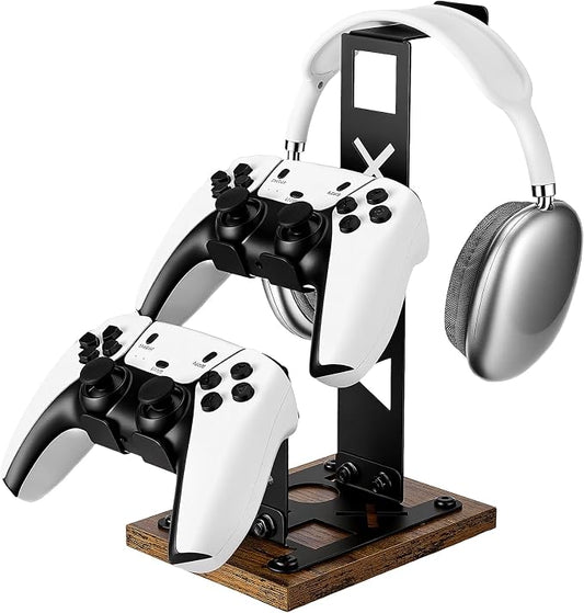 Headset Stand Gaming Controller Holder,Game Controller Stand Headphone Stand with Wood Base, Gaming Equipment Accessories for Desk Dual Organizer Rack Headset Holder for Son, Husband, Boyfriend