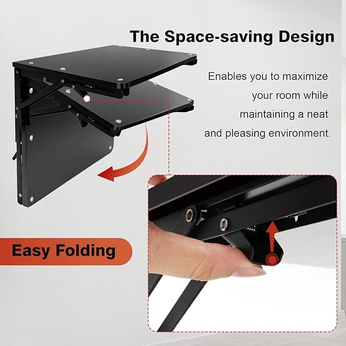 Folding Shelf Wall Mounted for Small Space, Black Wall Table for Living Room Bedroom Decor, Home Office Floating Fold Down Desk, Media Shelves with Heavy, 16.5"*11.8"