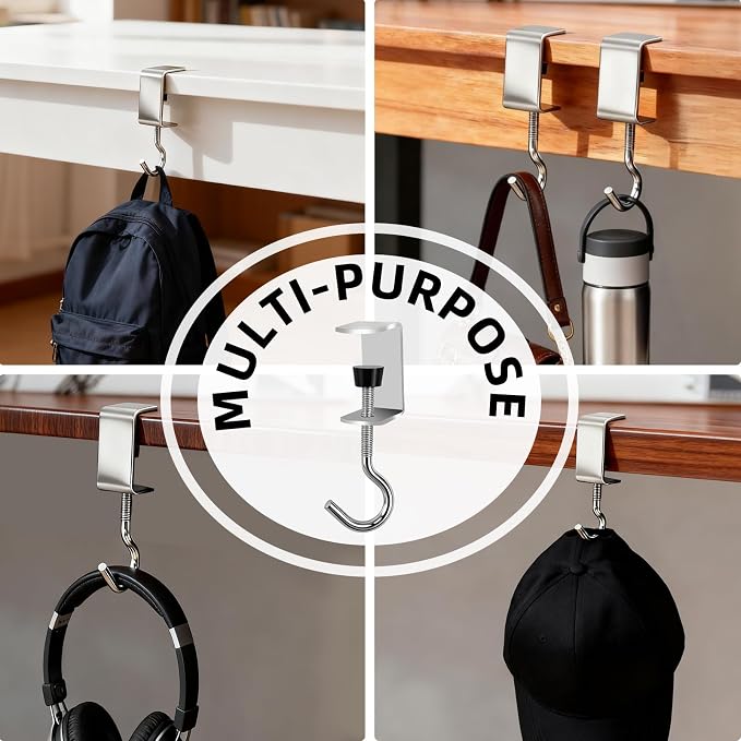 4 PCS Desk Hook Table Clamp Hooks Hanging Bag Backpack, Heavy Duty Metal Shelf Hooks, Adjustable Desktop Mounting Hook (4 pcs)