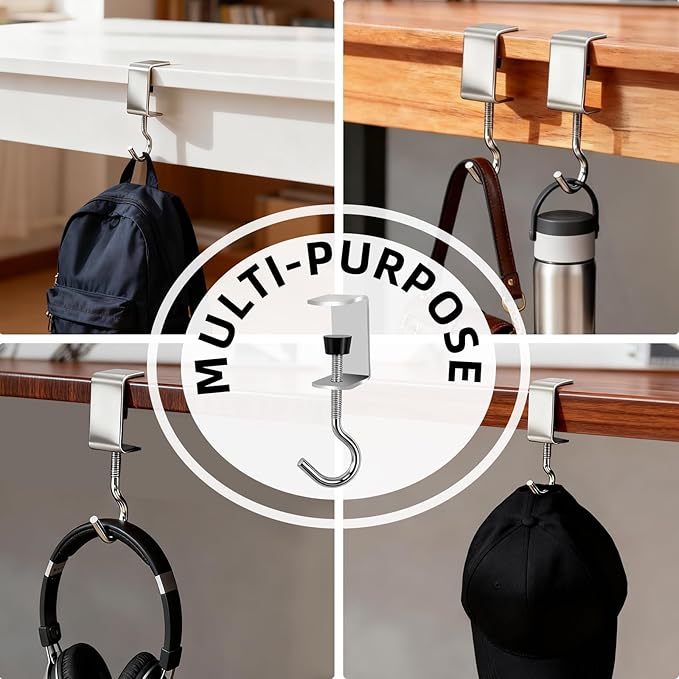 8 PCS Desk Hook Table Clamp Hooks Hanging Bag Backpack, Heavy Duty Metal Shelf Hooks, Adjustable Desktop Mounting Hook (8 pcs)