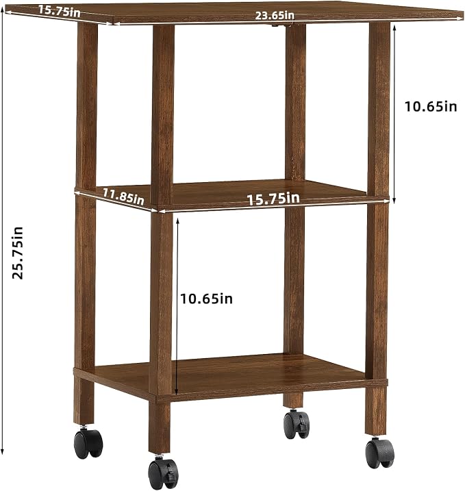 YUFAM 3 Tier Home Printer Stand with Storage, Wooden Mobile Printer Table Shelf, Rolling Printer Cart Shelf with Lockable Wheels fit Fax Machine, Scanner, Brown