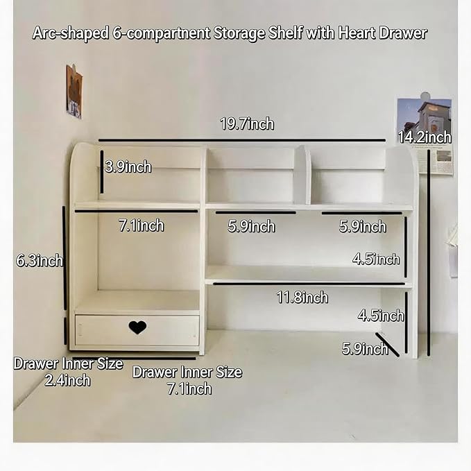 White Heart Drawer Bookshelf, Desktop Organizer with Shelves and Heart-Shaped Drawer for Desk, Office, Dorm