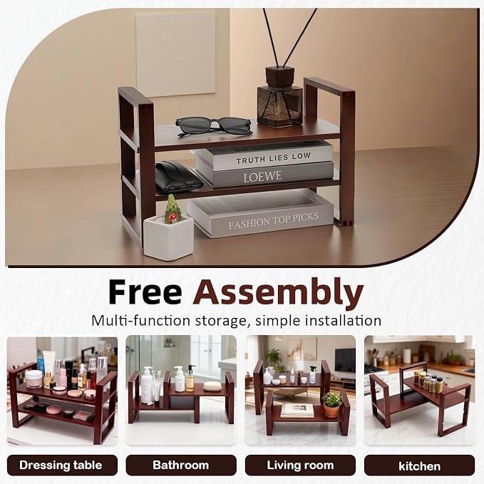 Desk Shelf, 100% Solid Wood Adjustable Desktop Bookshelf, No Tools, Nails or Glue Required for 130lb Load Capacity for Living Room, Office, Books, Cookbooks, Interlocking Joints Walnut Colour