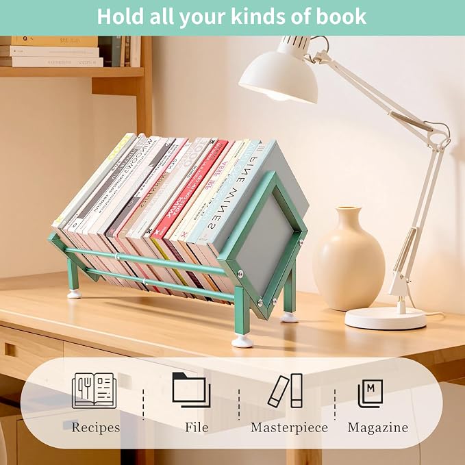Expandable Desktop Bookshelf Organizer, Small Tabletop Book Storage Rack, Portable Green Bookshelf for Books/CDs/Magazine Display, Mini Bookcase for Top of Desk in Living Room, Office, Home Decor