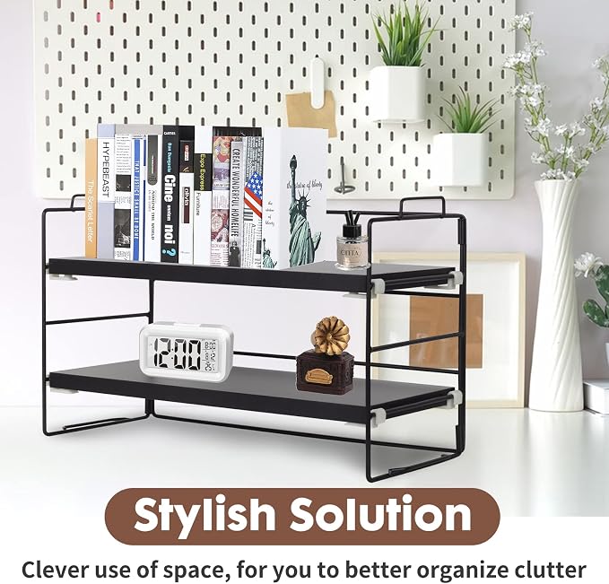 ShellKingdom Desk Shelf Organizer, 2 Tier Desktop Shelves, Adjustable Bookshelf Storage Rack and Office Cubicle Decor for Tabletop, School, Office, Dorm Organization (Black)