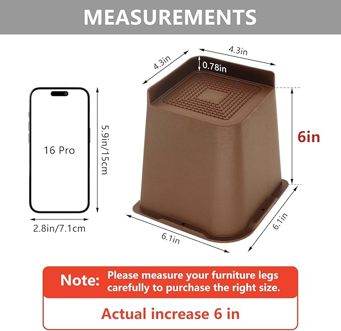 4 Pack Dark Brown Bed Risers 6 inch Heavy Duty, Oversized Furniture Risers, Bed Lifts Risers for Table, Sofa, Chair, Couch, Desk, Bed Frame Risers Supports Up to 6,500 Lbs