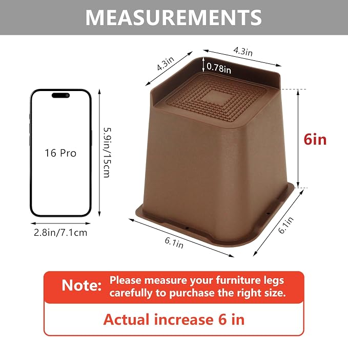 6 Pack Dark Brown Bed Risers 6 inch Heavy Duty, Oversized Furniture Risers, Bed Lifts Risers for Table, Sofa, Chair, Couch, Desk, Bed Frame Risers Supports Up to 6,500 Lbs