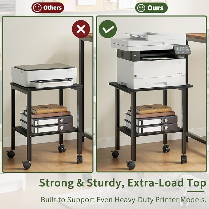 2 Tier Printer Stand with Storage, Under Desk Printer Table, Space-Saving Printer Table with Locking Wheels, Rolling Printer Cart for Home Office, Black