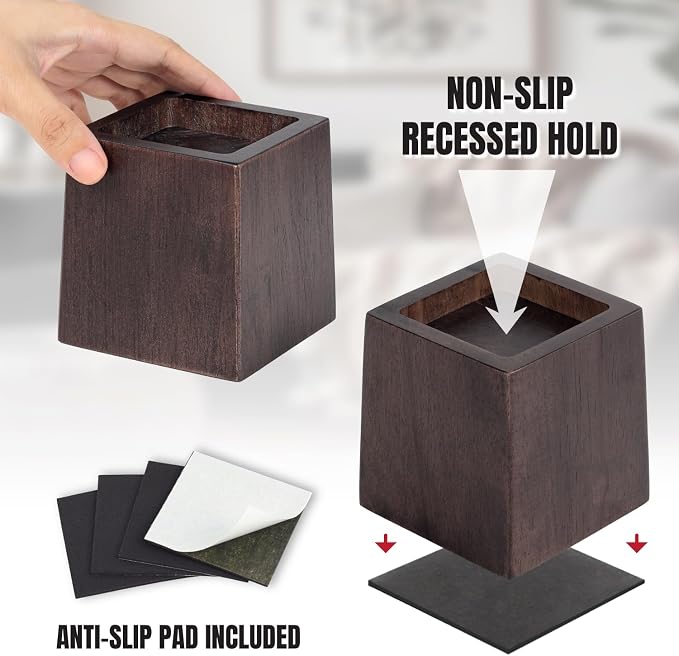 3 Inch Height Heavy Duty Wood Bed Risers – 4 Pack Wood Furniture Risers Extenders for Bed, Sofa&Table, Support Up to 2200lbs, Non-Slip Recessed Hole Furniture Lifts for Storage (Walnut Color)