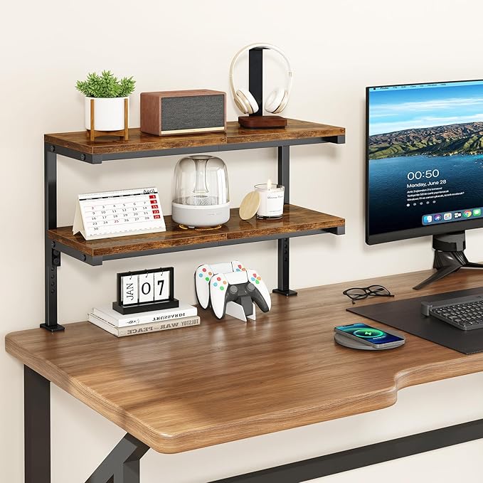 IBUYKE Clamp on Desk Shelf, 22.8” Large Desk Extender Shelves,Tool-Free Flexible Repositioning and Adjustable 2-Tier Storage Shelves for Desktop Accessories Below Desk TMZ010H