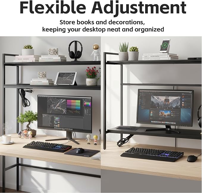 38.5" Desk Shelf with Outlets, 2-Tier Adjustable Multipurpose Engineered Wood Organizer Desk Hutch, Office Storage Rack, Desktop Shelf Organizer for Dorm,Office Home(Black)