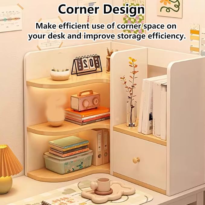 Corner Desk Shelf Organizer – 3-Tier Wooden Desktop Bookshelf, Freestanding Display Rack for Home Office, Dorm, American Style Storage Shelf(White,49x30cm/19.7x11.8in)