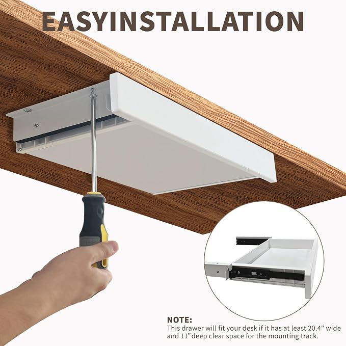 Under Desk Mounted Sliding Drawer to pull out, Attachable Desk Pencil Drawer Ball-Bearing Slides (White)