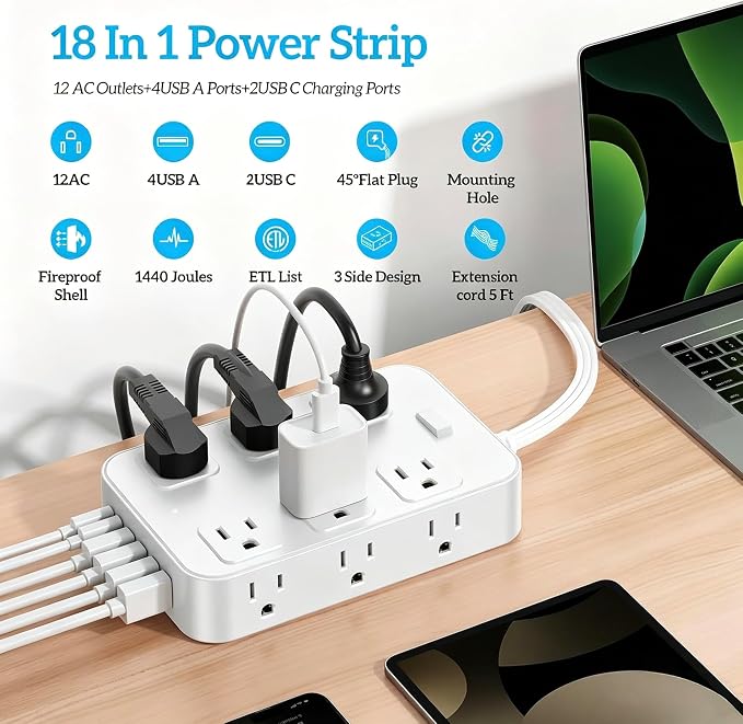Flat Plug Power Strip Surge Protector with 12 AC Outlets 6 USB Ports 3 Side Multi Plug Outlet Extender 5 Ft Extension Cord for Home Office Kitchen Dorm Wall Desk Charging Station ETL Listed