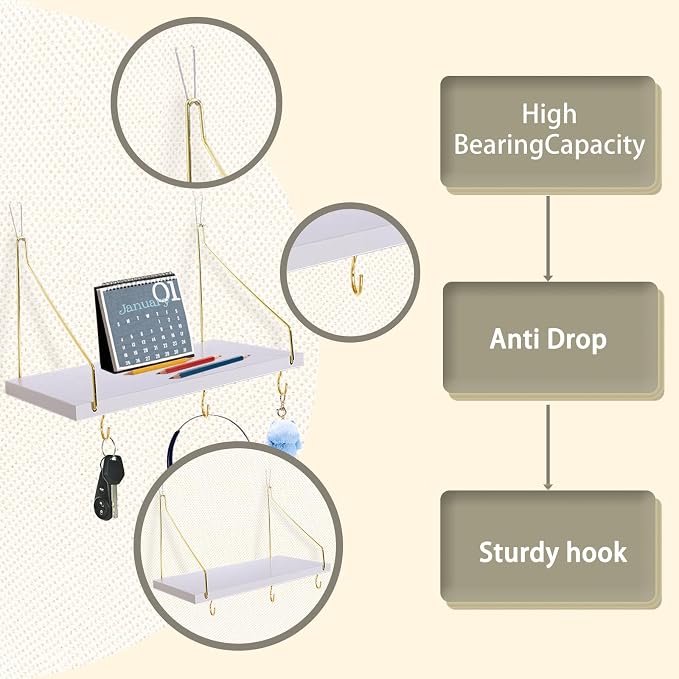 2-Pack Cubicle Shelf For Fabric Walls With Hooks：12x6.0in White Wooden Cubicle Shelf Hanging Organizer Gold Shelves Accessories Office Stylish Ations cubical Decorations For Women Desk work storage