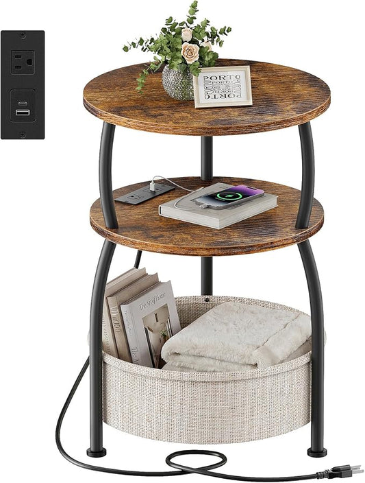 Side Table with Charging Station, Small Round End Table with Basket, USB and Type-C Port, 3 Tiers Sofa Couch Table Bedside Table for Living Room Bedroom, Small Spaces Rustic Brown