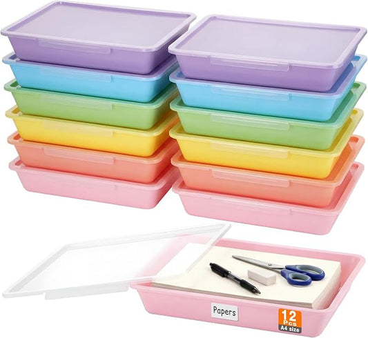 Tinlade 12 Pcs Classroom Paper Storage Bins with Clear Latching Lid, Label Stackable Letter Size Flat Tray Container for Teacher Back to School Supplies Home Office Desk Arts Crafts (Macaron,13x10in)