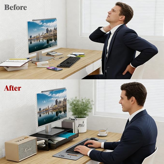 Heavy Duty Metal Monitor Stand, Strong Support Desk Organizer with Storage Shelf, Ergonomic Riser for Computer, Laptop & Printer, Space-Saving Desktop Organizer for Office Home