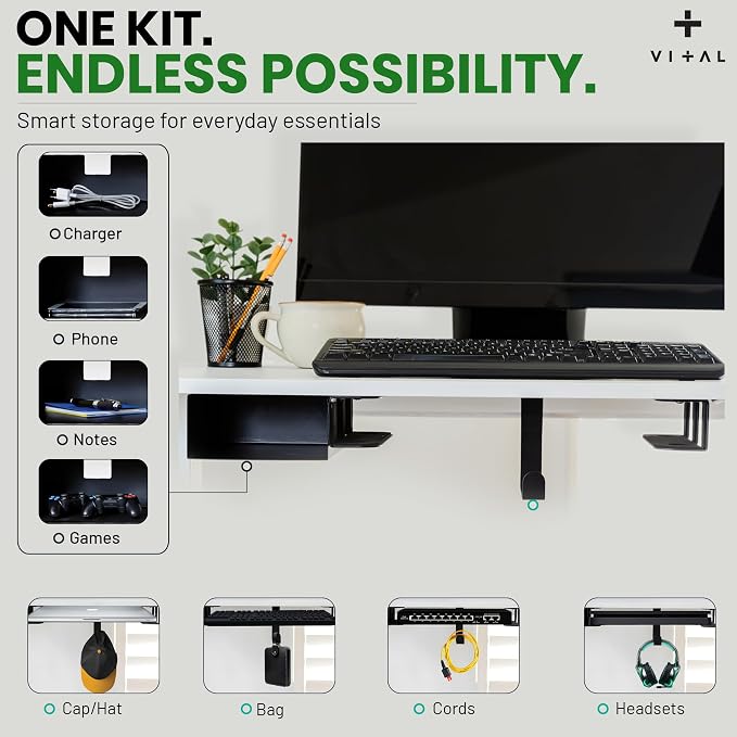 VI+AL Under Desk Laptop Mount - Hidden Metal Shelf with Side Storage, Hook & Cable Organizer - Installs with Tape & Screws - Fits Devices up to 1.7" Thick - Deluxe