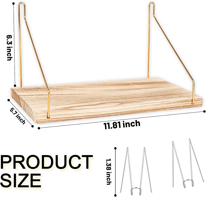 2-Pack Cubicle Shelf For Fabric Walls With Hooks：12x6.0in Wooden Cubicle Shelf Hanging Gold Bracket Use For Office Cubicle Accessories Office Stylish Ations Cubicle Decorations For Women Desk