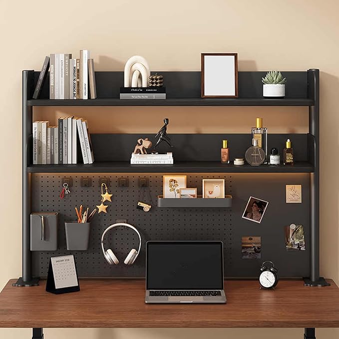 Clamp on Desk Shelf with Pegboard, Black Desktop Bookshelf Organizer Storage Shelves for Home Office Dorm Gaming Desk, Space Saving Tabletop Display Rack Organization (Black, 31.4in)