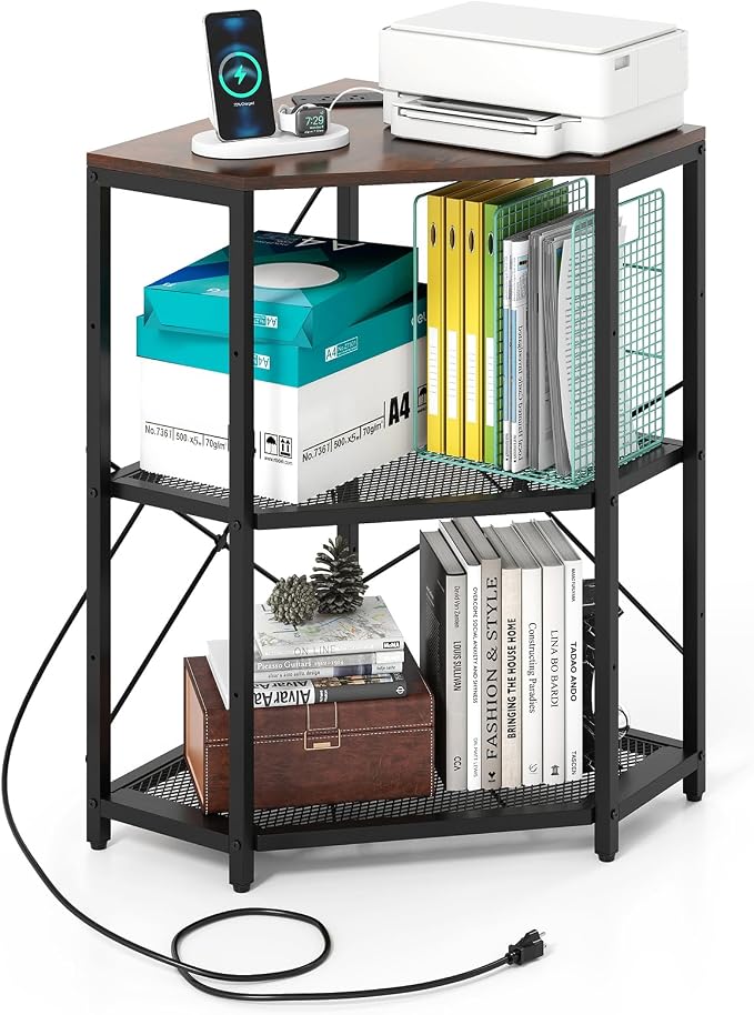 Tangkula Corner Printer Stand with Power Outlet, 3-Tier Storage Rack with Adjustable Metal Mesh Shelf, Freestanding Corner Table Computer Tower Holder for Home Office Living Room (Rustic Brown)