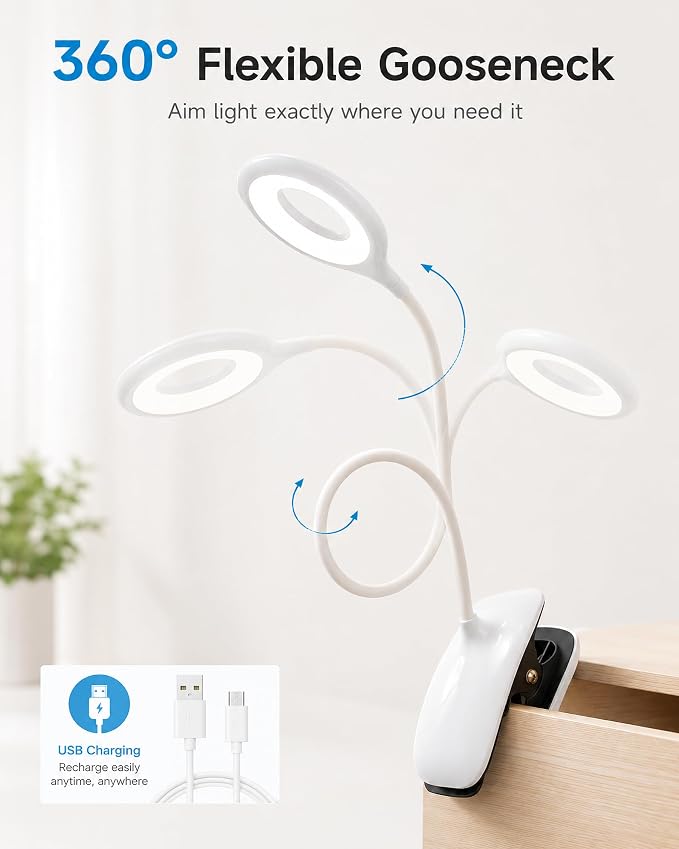 Clip On Reading Light for Bed Headboard, USB Rechargeable Cordless Clamp Lamp for Dorm Room Essentials, Touch Dim, 3 Colors, Eye Protect LED Desk Lamp for College Dorm Room, Gooseneck,White