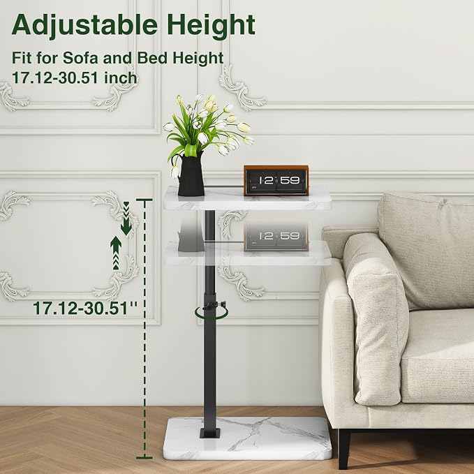 IBUYKE C Shaped Side Table, 360° Swivel Height Adjustable End Table for Small Spaces, with Phone & Tablet Slot, Modern Small Coffee Snack Table for Sofa/Bed, White with Black UTVT003BW