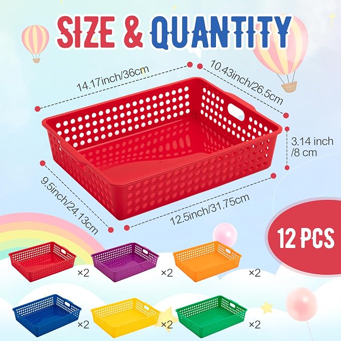 Geetery 12 Pack Classroom Storage Baskets with Handle 14''x10'' Paper Tray Holds A4 Turn in Trays Plastic Paper Baskets Desk Organizer Bin for Classroom, Library, Office, Home (Rainbow Color)