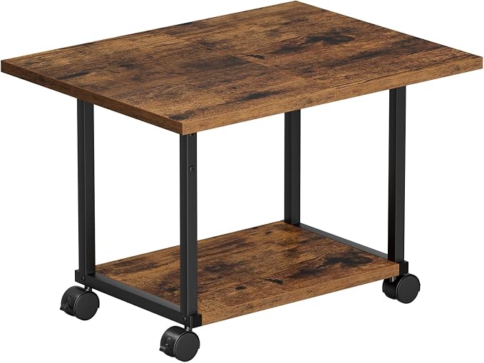 Asgolion Printer Table, 2-Tier Under Desk Printer Stand, Printer Stand with Wheels, Printer Shelf for Small Spaces, Printer Cart for Home Office Rustic Brown
