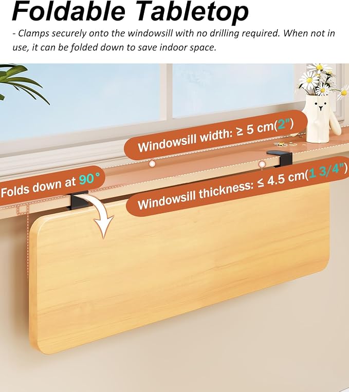 Clamp-on Foldable Window Sill Extension, No Drill Computer Desk Extender Table, Window Ledge Countertop Board, Detachable Window Plant Shelf(90x20cm(35 3/8x7 7/8"))