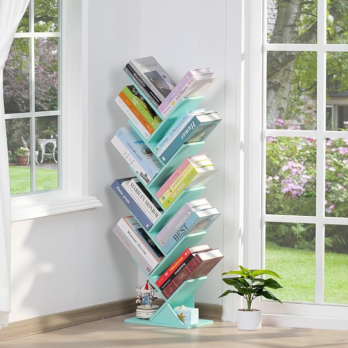 SHEEPAM 10 Tier Tree Book Shelf, Floor Standing Wood Bookshelf for Narrow Space, Storage Organizer Bookshelves for Books/CDs/Magazine, Bookcase with Shelves for Home Office, Living Room - Green