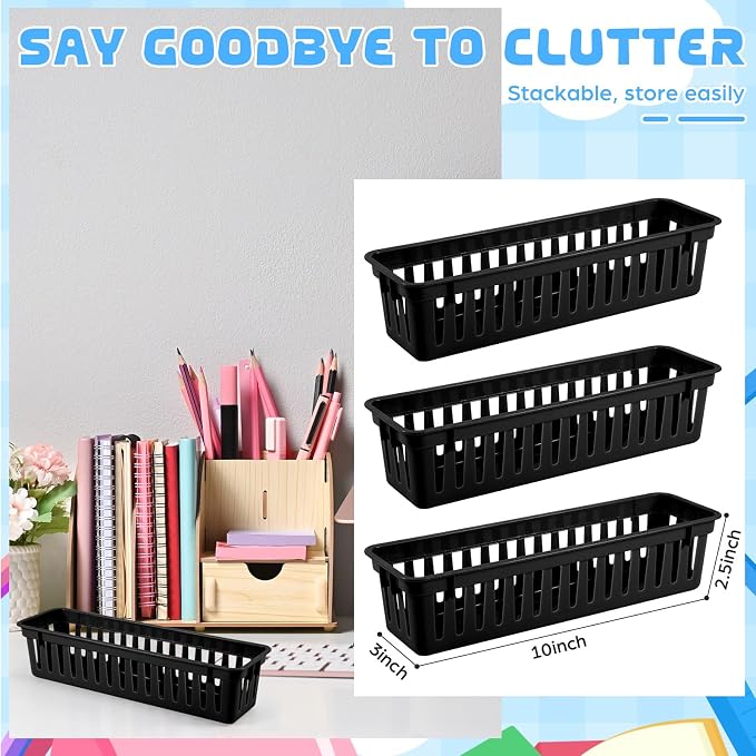 12 Pcs Black Slim Plastic Storage Baskets Tray 10 x 3 x 2.5 Inch Compact Stackable Desk Organizer for Office, Classroom, School Supplies, and Home Storage, Organization(Black)