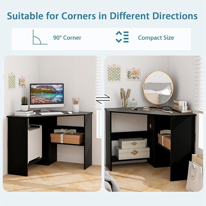 SlickBlue Corner Computer Desk with Triangle Design and Storage Shelf for Space-Saving