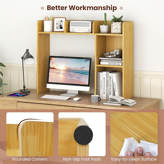 MAT EXPERT Desk Organizer, Wooden Desktop Shelf for 27 Inch Monitor with 5 Shelves & Non-Slip Foot Pads, Anti-Tipping Device, Multipurpose Desk Hutch for Study, Office, Dorm (Oak)