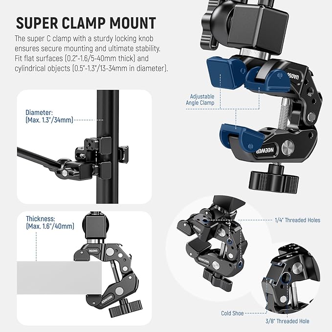 NEEWER 30" Articulating Magic Arm with Desk Super Clamp/Action Cam Mount/Phone Holder, Overhead Camera Mic Boom Stand, Compatible with GoPro iPhone DSLR Webcam Microphone Video Recording, UA056