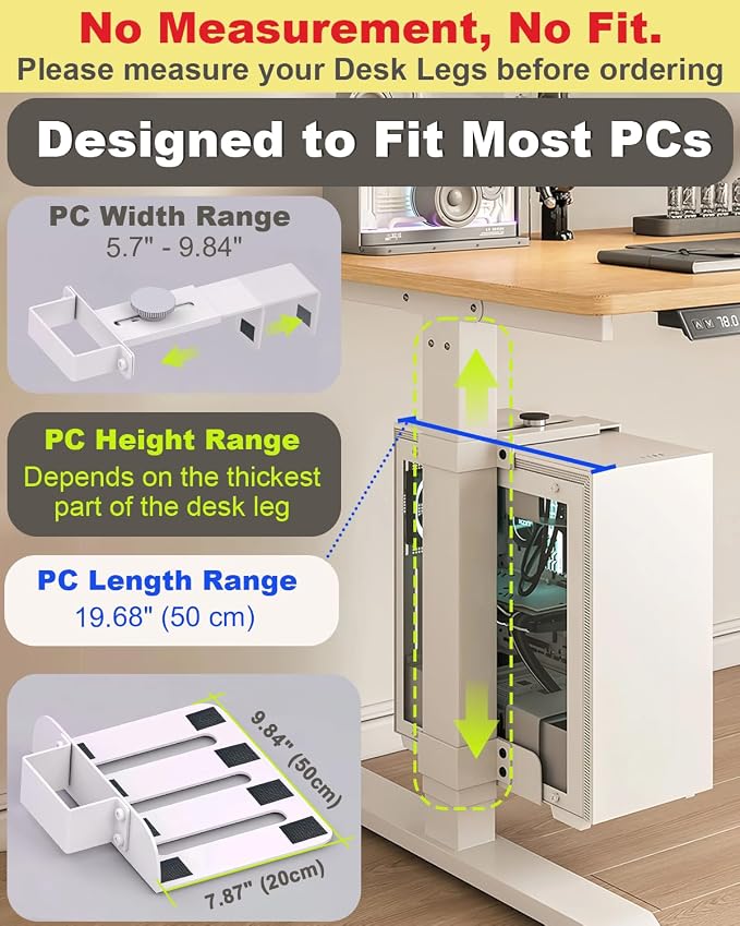 Under Desk PC Mount - No Drilling 40lb Capacity, Computer Holder Under Table, Adjustable Height and Width, Clamp-on Leg PC Holder for Standing Desk(Fits 65mm×45mm Legs only), with Non-Slip Pads, Black