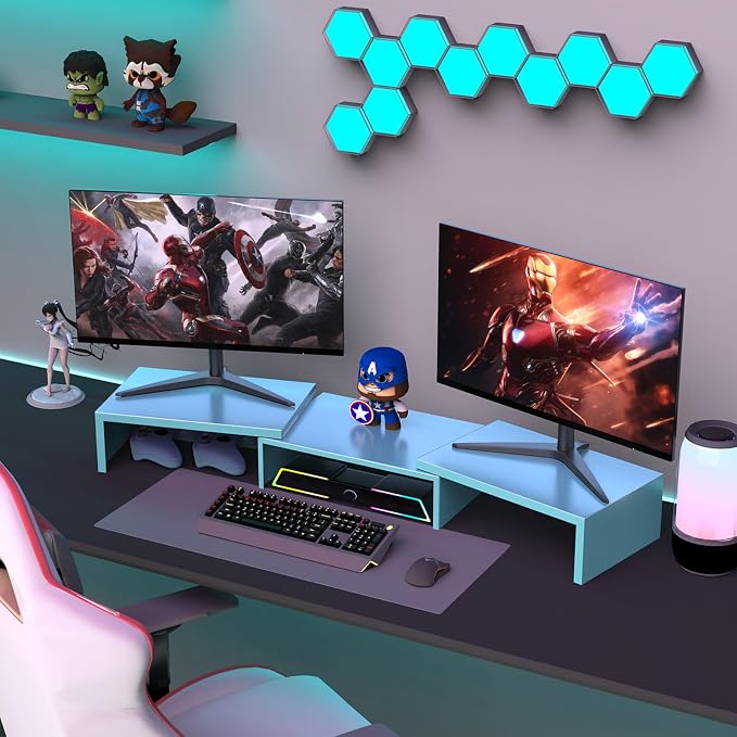 Dual Monitor Stand for Desk, Metal Computer Stand, Desk Shelf Riser,Desktop Organizer for Home and Office Use (Blue)