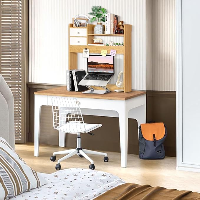 YGYQZ Wood Desk Shelf Organizer, Desk Hutch Top Only, Countertop Storage Hutch with 4 Shelves for Computer Desk，2-Tier with Cabinet Door Rack for Office, Home, Dorm，Natural