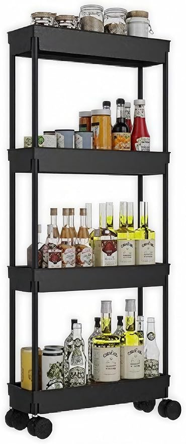 Sooyee 4 Tier Slim Storage Cart, Black | Rolling, Narrow Shelf, Mobile Shelving Unit Organizer, For Kitchen, Bathroom, Laundry Room
