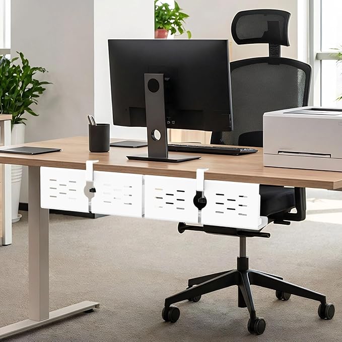 KEEGH 16" Under Desk Cable Management Tray, No Drill Clamp Mount, Desk Cord Organizer Upgrade Capacity, Cord Management Tray for Home Office, Gaming Desk, Standing Desk, White, 2 Pack