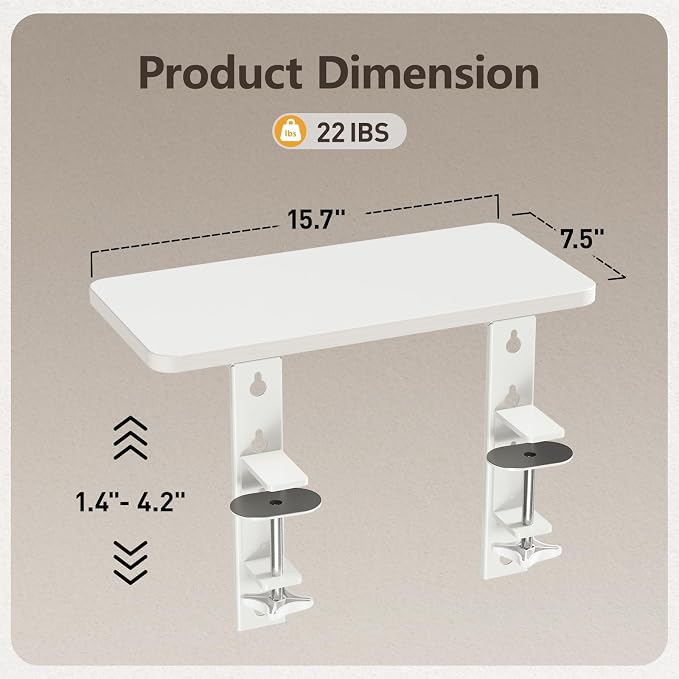 3 in 1 Clamp-on 15.7"×7.5" Desk Extender, Heavy-Duty Side/Top Desk Organizer Shelf, Adjustable Desktop Storage for Office Accessories, Monitor and Laptop Riser, White