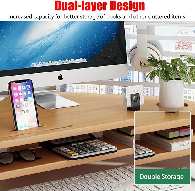 YANBI Corner Monitor Stand Office Triangle Tabletop Monitor Riser, Double-Layer Wood Corner Monitor Stand Screen Holder, Universal Computer Stand Riser with Storage (Color : Natural), 66666