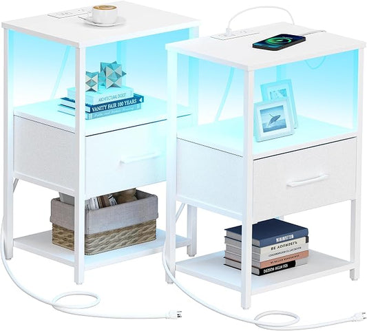 TUTOTAK LED Nightstand Set of 2, Night Stand with Charging Station, End Table, Bedside Table with Fabric Drawer, Side Table for Livingroom and Bedroom, Whtie TB01BW0692L