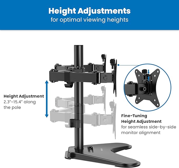 Mount-It! Dual Monitor Desk Stand Mount for 2 Screens VESA 75x75 & 100x100 | For Monitors up to 32”, Height Adjustable with Tilt, Swivel & Rotation
