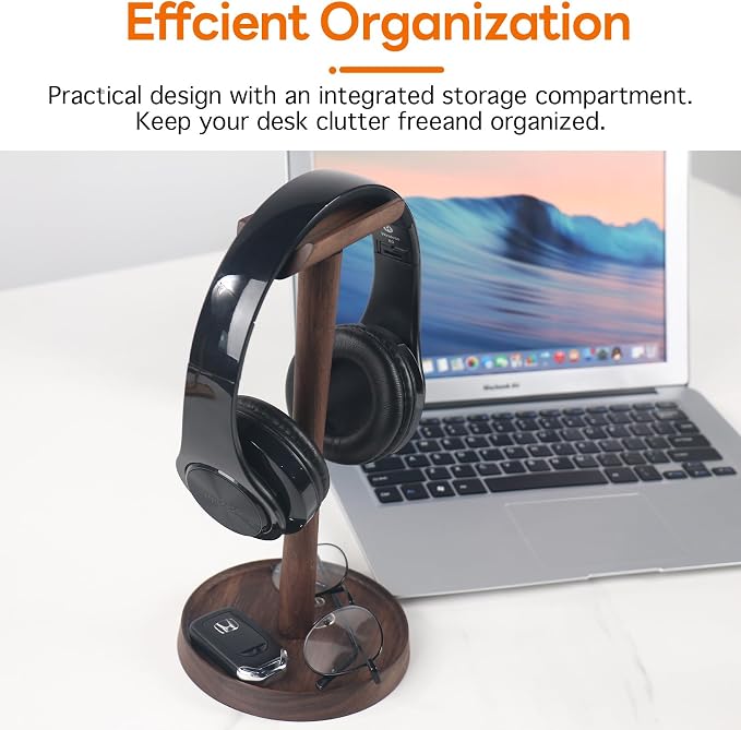 Wood Headphone Stand Headset Stand for Deak Universal Headphone Holder with Storgae Base Handcrafted Desk Organizer for Gaming Headsets(Black Walnut)