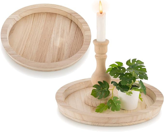 Hanobe Wood Decorative Tray：Set of 2 Round Unfinished Wooden Craft Trays DIY Ottoman Serving Tray Centerpiece Candle Holder Trays for Kitchen Countertop Crafts Art Home Decor Montessori Activity