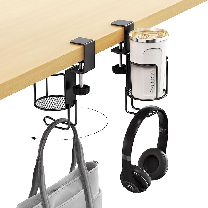 CABTE 2 Pack 2 in 1 Desk Mug Hooks with Headphone Hanger Holder, Anti-Spill Clip-On Table Mug Hooks with 360° Rotation for Lawn Chair, Office Home Gaming Table