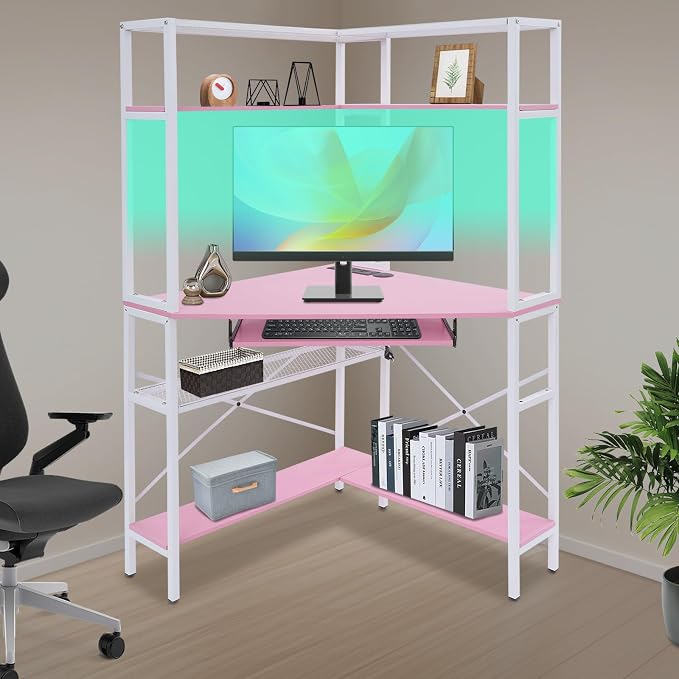 Corner Desk with Hutch, 90 Degrees Triangle Computer Desk w/Keyboard Tray & Bookshelves for Small Space Space Saving Writing Desk w/Storage Shelves for Bedroom Apartment (Pink)